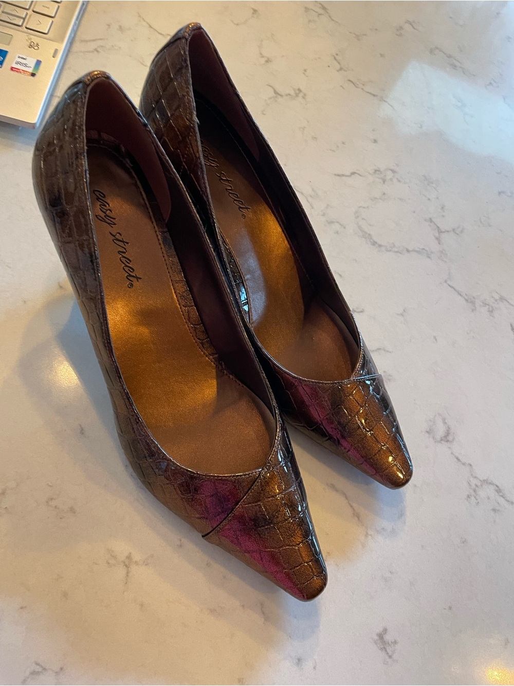 easy street Metallic Bronze Croc-Embossed Pointed-Toe Pumps. 3 in heels.